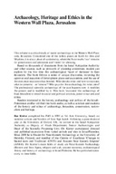 Archaeology, Heritage and Ethics in the Western Wall Plaza, Jerusalem